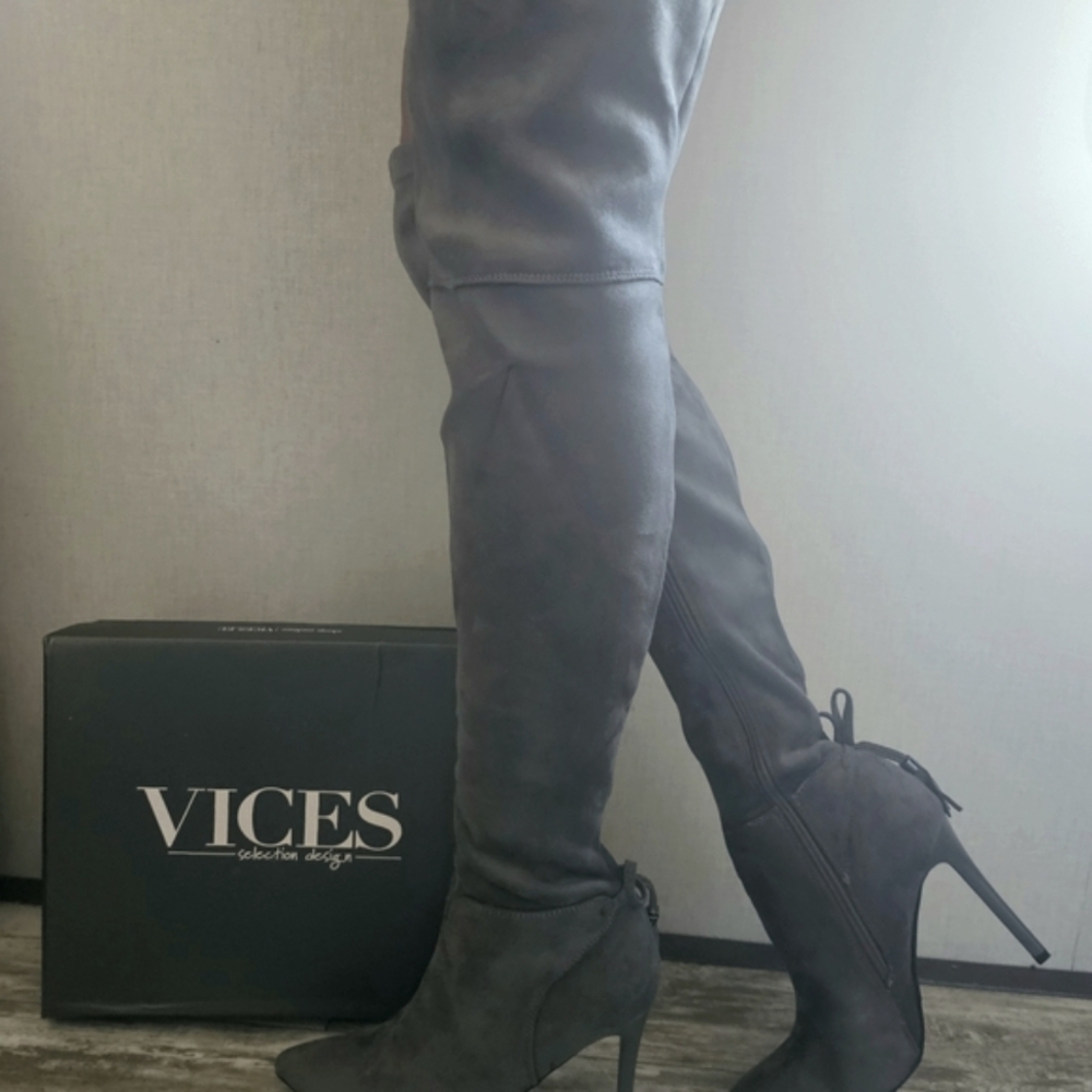 New In Box Gray Over-the-Knee Boots with Stiletto Heel
